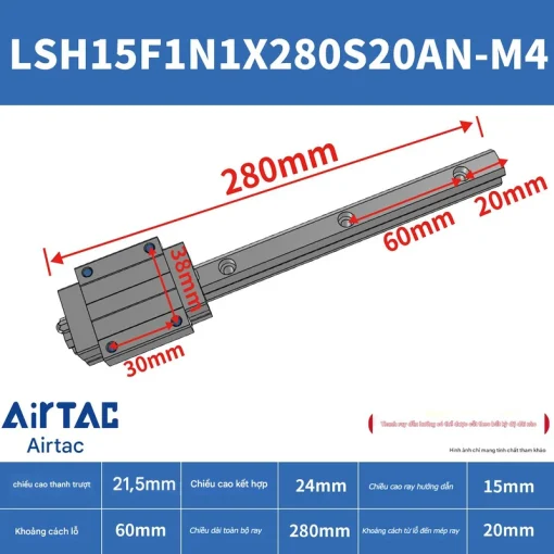 Ray trượt vuông tiêu chuẩn LSH15F1N1X280S20AN-M4 - Ảnh 2
