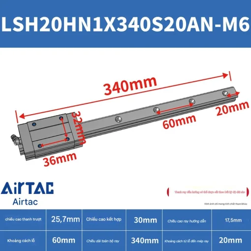 Ray trượt vuông tiêu chuẩn LSH20HN1X340S20AN-M6 - Ảnh 2