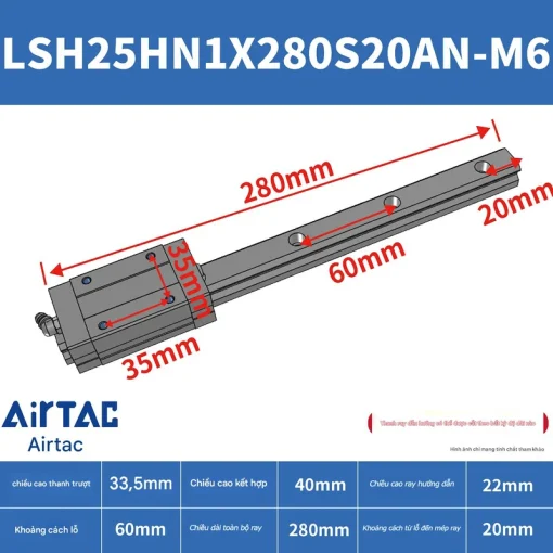 Ray trượt vuông tiêu chuẩn LSH25HN1X280S20AN-M6 - Ảnh 2