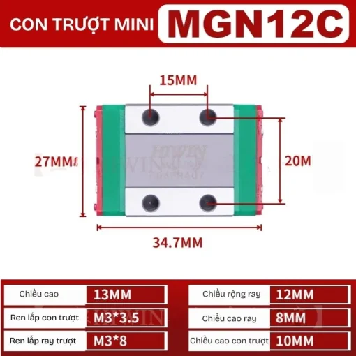 Ray trượt đơn MGN12C (thép hợp kim) - Ảnh 2