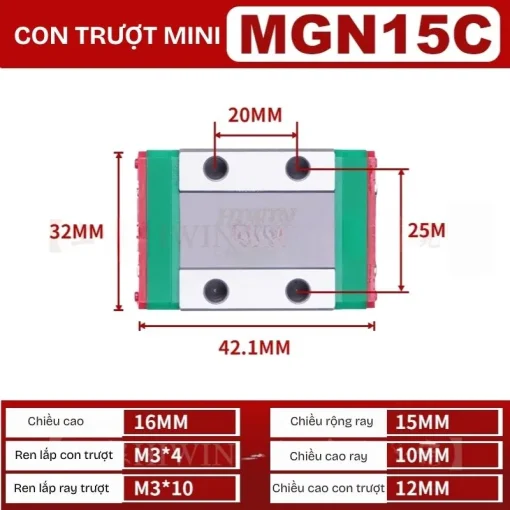 Ray trượt đơn MGN15C (thép hợp kim) - Ảnh 2