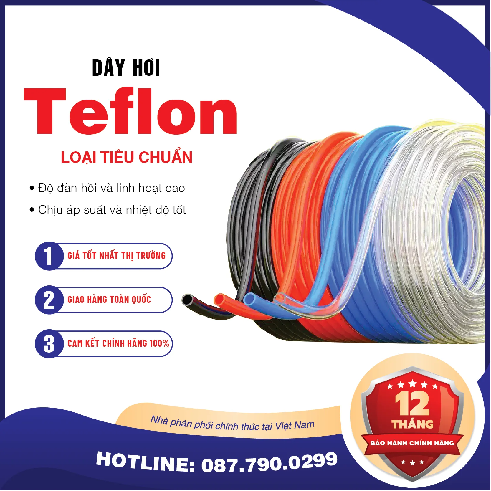 Dây hơi Teflon 16x12 (Màu: trắng, đen, xanh, cam)