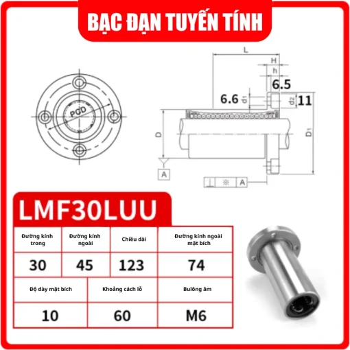 Con trượt tròn mặt bích tròn thân dài LMF30LUU (Bi trượt tròn) - Ảnh 2
