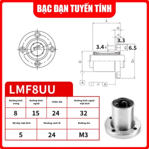 Con trượt tròn mặt bích tròn thân ngắn LMF8UU (Bi trượt tròn) - Ảnh 2