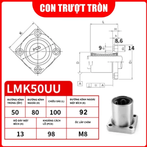 Con trượt tròn mặt bích vuông thân ngắn LMK50UU (Bi trượt tròn) - Ảnh 2