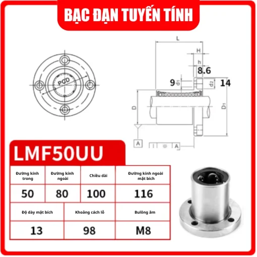 Con trượt tròn mặt bích tròn thân ngắn LMF50UU (Bi trượt tròn) - Ảnh 2