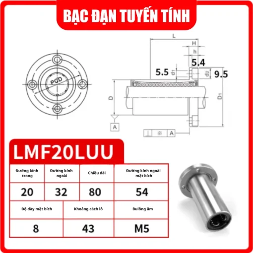 Con trượt tròn mặt bích tròn thân dài LMF20LUU (Bi trượt tròn) - Ảnh 2