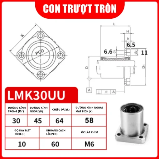 Con trượt tròn mặt bích vuông thân ngắn LMK30UU (Bi trượt tròn) - Ảnh 2