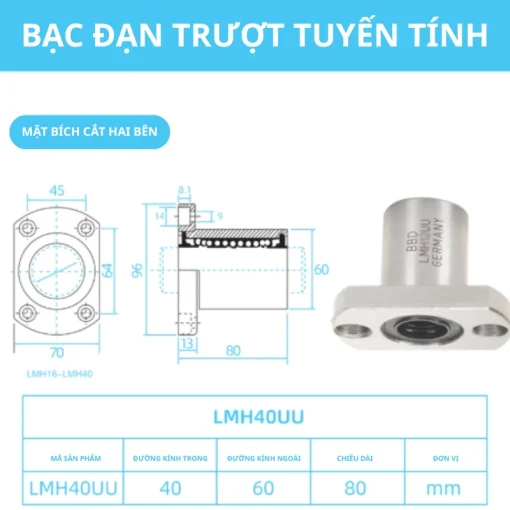 Con trượt tròn mặt bích Oval thân ngắn LMH40UU (Bi trượt tròn) - Ảnh 2