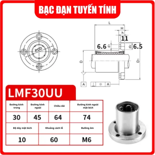 Con trượt tròn mặt bích tròn thân ngắn LMF30UU (Bi trượt tròn) - Ảnh 2