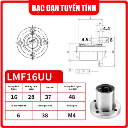 Con trượt tròn mặt bích tròn thân ngắn LMF16UU (Bi trượt tròn) - Ảnh 2