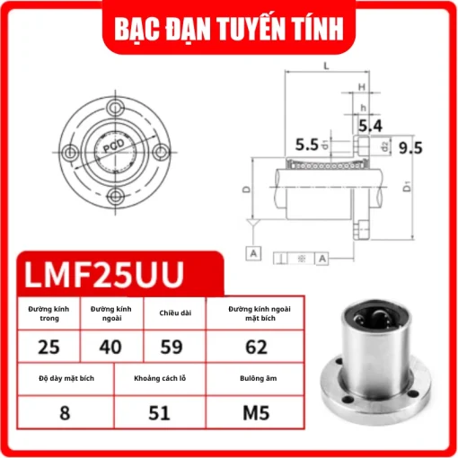 Con trượt tròn mặt bích tròn thân ngắn LMF25UU (Bi trượt tròn) - Ảnh 2