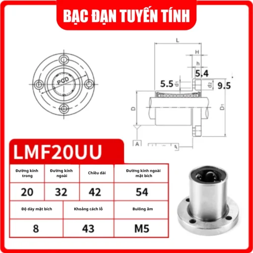 Con trượt tròn mặt bích tròn thân ngắn LMF20UU (Bi trượt tròn) - Ảnh 2
